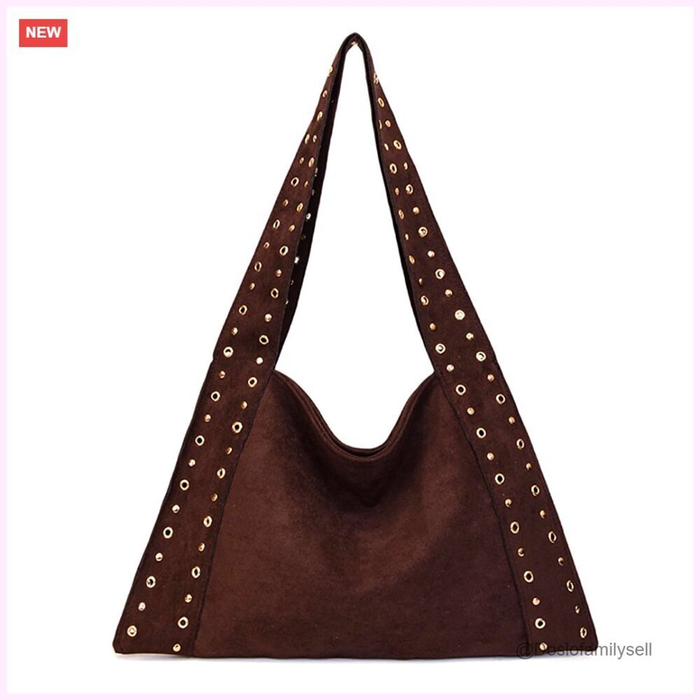 Large Suede Hobo Tote Bag Studded Slouchy Handbag Vintage Style Purse